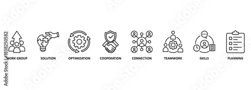 Business teamwork banner web icon vector illustration concept with icon of work group, solution, optimization, cooperation, connection, teamwork, skills, planning 