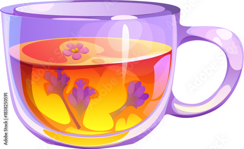Transparent glass vector cup with golden herbal tea infused with lavender sprigs. Purple blossoms float gently on the surface with warm orange liquid. Aromatherapy product, tea branding usage
