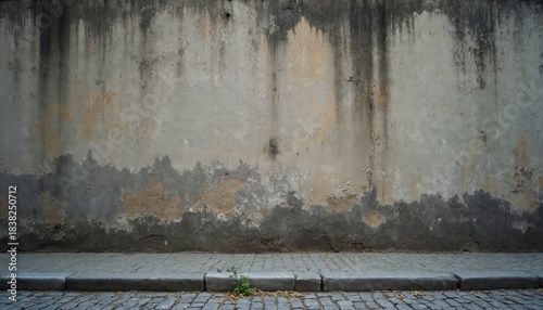 Rough grey concrete wall with dark water stains above aged cobblestone pavement and sidewalk. Green plant grows near stone curb, providing empty space for text.