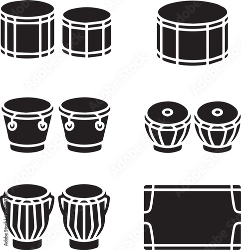 Percussion Instruments Silhouette Icon Set Vector. Drums Bongo Tabla Conga Musical Glyph Collection.