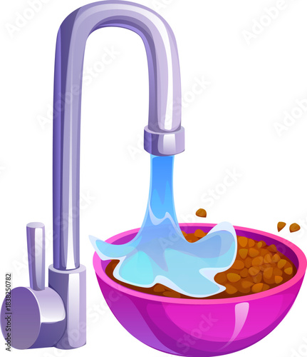 Cartoon dry buckwheat being poured from sink tap into a pink vector bowl with water stream, depicting the process of rinsing grains before cooking as part of food preparation in a kitchen environment