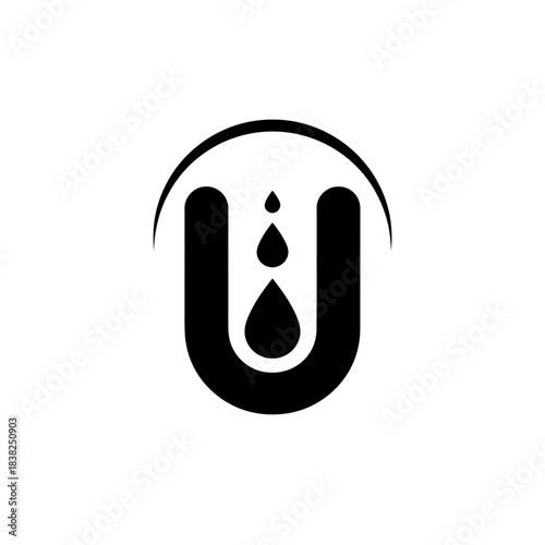 Tactile alphabet black and white logo icon of the letter u with three drops inside