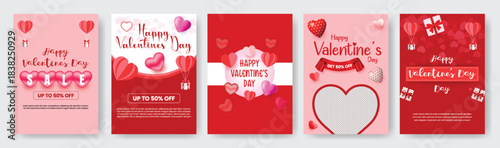 Modern Valentine celebration party A4 print ready flyer poster template set with romantic brochure cover layouts, love greeting cards, festive leaflets, and marketing vector illustration background