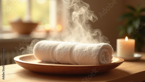 Steam rising from hot towel on wooden tray gentle bright atmosphere calming spa style