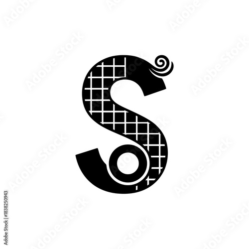 Tactile alphabet black letter s monogram with intricate pattern and decorative swirl