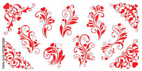 Valentine day hearts flourish decorations with flowers floral pattern, vector red ornaments. Valentine day love holiday or wedding flourish decorations with red hearts, leaves and ornate tendrils