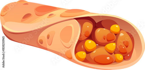 Cartoon fast food. Takeaway isolated vector burrito wrapped in a soft tortilla with orange beans and yellow corn kernels. Vector Mexican delicious snack for cafe and restaurant menu
