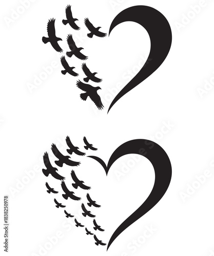 Vector heart sign with birds Icon on white background. Illustration romantic symbol linked, love, passion and wedding. Template for t shirt, card, poster. Design for valentine day..