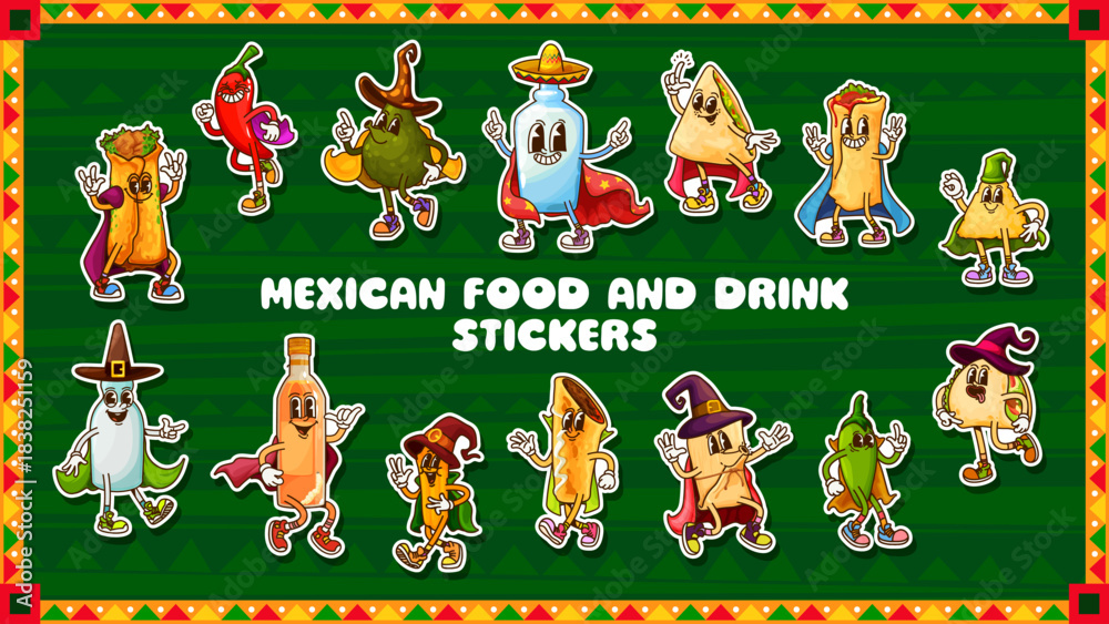 Naklejka premium Groovy mexican cuisine characters stickers pack. Mexican cuisine Tex Mex food personage groovy vector stickers of burrito, taco, enchiladas and nacho, tequila bottle, chili and avocado characters