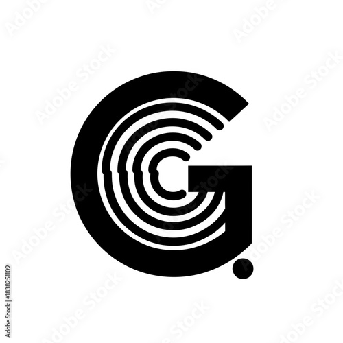 Tactile alphabet black and white letter g logo with concentric circles inside