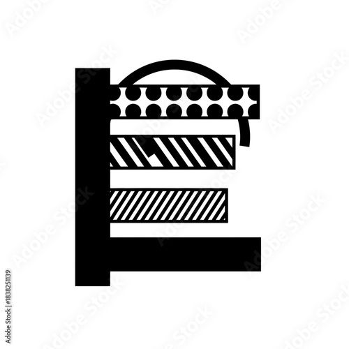 Tactile alphabet abstract graphic symbol resembling a stylized letter e or a stack of patterned horizontal bars white