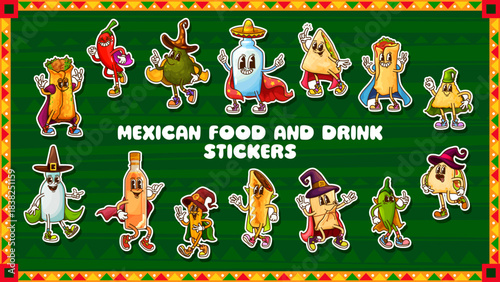 Groovy mexican cuisine characters stickers pack. Mexican cuisine Tex Mex food personage groovy vector stickers of burrito, taco, enchiladas and nacho, tequila bottle, chili and avocado characters