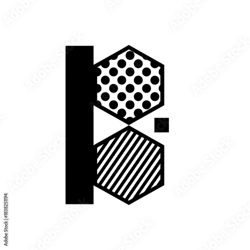 Tactile alphabet abstract letter b logo design in black and white with geometric patterns