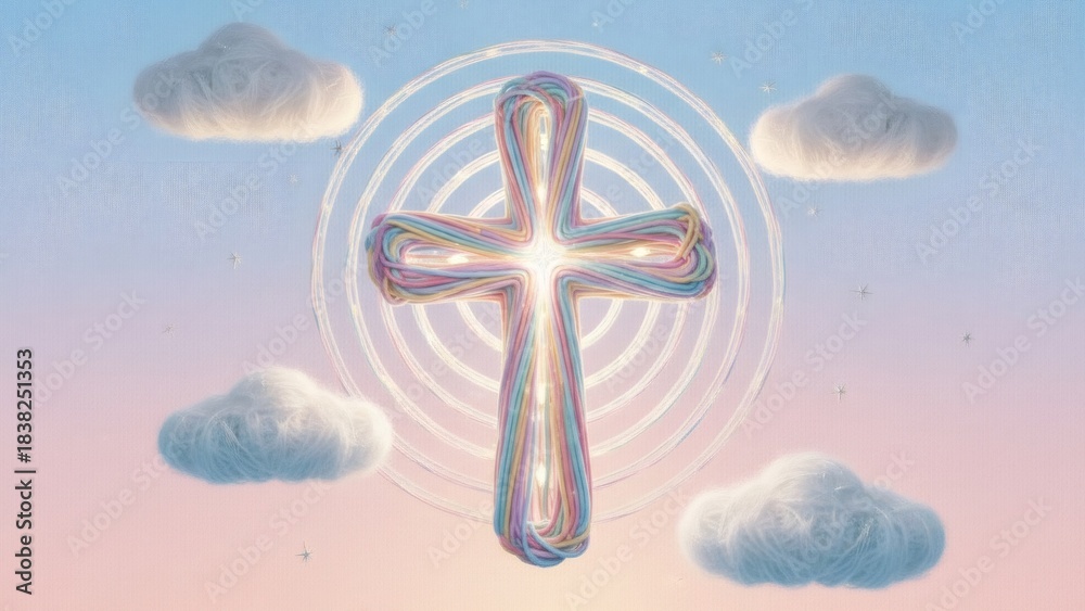 Fototapeta premium Colorful knitted cross shining brightly in the sky, surrounded by fluffy clouds and light rings. Heavenly religious concept for Christian holiday.