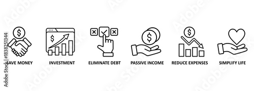 Financial freedom banner web icon vector illustration concept with icon of save money, investment, eliminate debt, passive income, reduce expenses, simplify life 