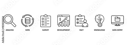 Research banner web icon vector illustration concept with icon of analysis, data, survey, development, fact, knowledge and data entry 