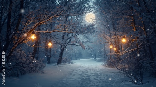 Snow covered road and Christmas lantern
