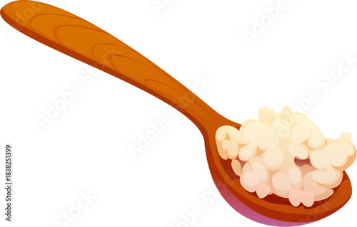 Cartoon curd on wooden spoon kitchen utensil with creamy soft texture and fresh organic dairy ingredient. Vector cooking process of breakfast meal with natural protein and homemade farm healthy food