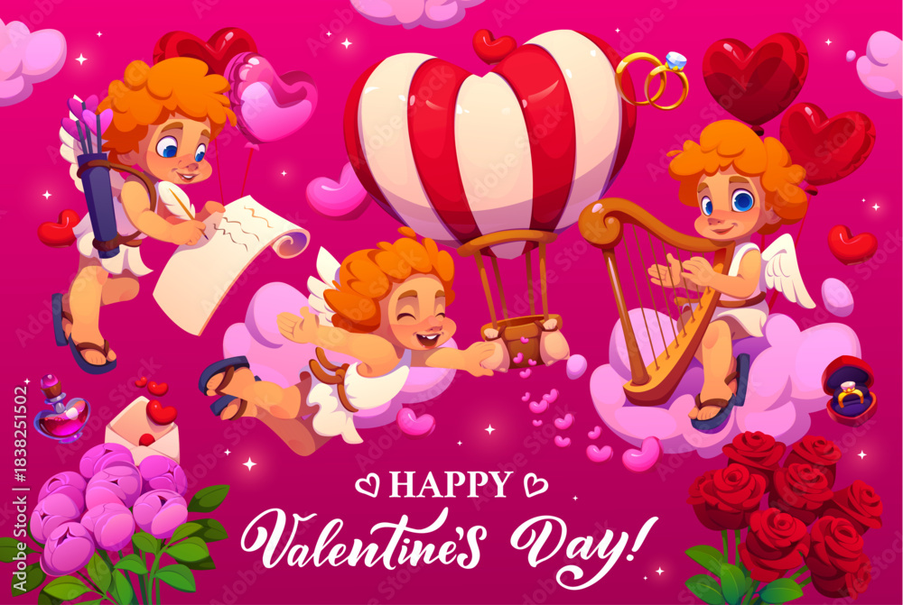 Obraz premium Cartoon funny cherubs flying in sky for Happy Valentine day, vector banner. Happy Valentine day greeting card, cheerful cupid cherubs with arrow and harp on pink clouds with flowers and wedding ring