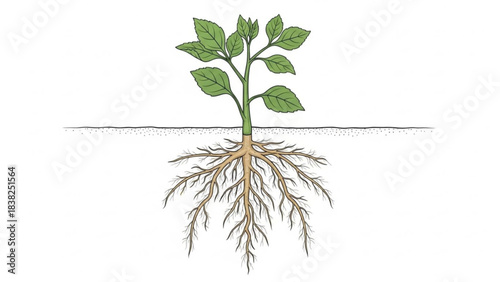 Botanical Blueprint: An artistic rendering of a young plant showcases its roots delving deep into the earth, highlighting the essential connection between life above and below ground.