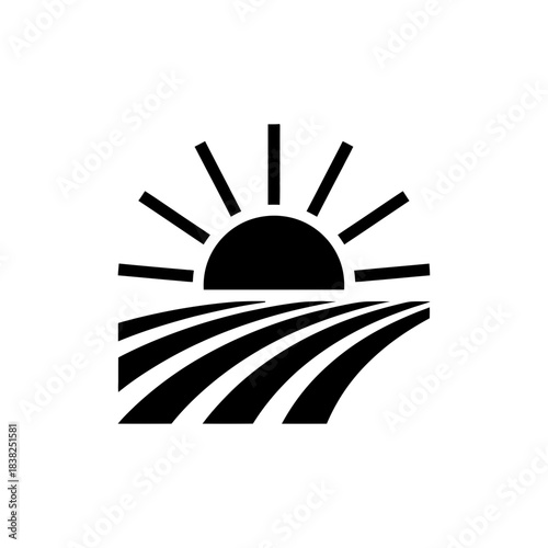 Rising sun over curved crop rows vector illustration