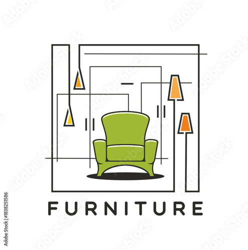Home interior decor and furniture vector icon. Living room green cushioned armchair and hang pendant lamps with orange shades. Furniture store, decor shop, room interior symbol