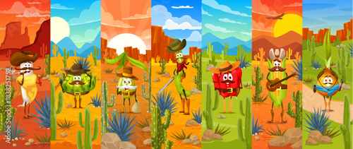 Cartoon vegetable cowboys, sheriff, ranger and bandit characters collage. Chili pepper with rifle, corn with guitar, onion with revolver, red bell pepper, avocado with bag, corn cob and tortilla