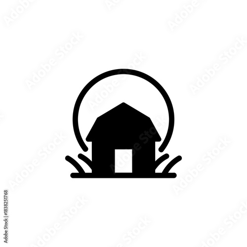 Barn silhouette with rising sun and crop rows vector illustration