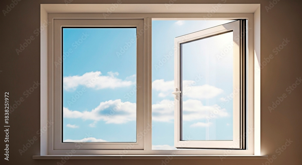 Fototapeta premium Open Window with sky view for the concept of freshness and bright light.