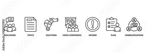 Meeting banner web icon vector illustration for business meeting and discussion with communications, topics, solutions, plan, inform and video conference icon 