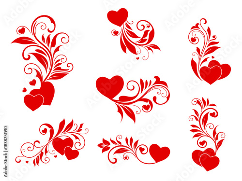 Heart flourish decorations of Valentine day or wedding floral ornaments, vector set. Red heart decoration with flourish leaves, petals and tendrils for Valentine holiday or wedding ornate frame design