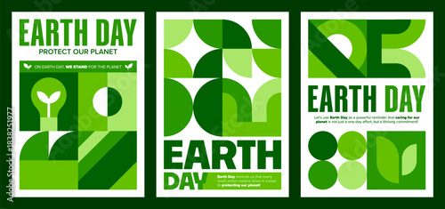 Earth Day posters with geometric pattern to raise awareness for planet nature, vector backgrounds. Earth Day and Protect Our Planet quotes for environment conservation and green ecology protection