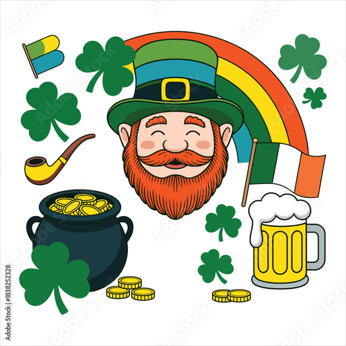 A festive StPatricks Day vector illustration set featuring a happy leprechaun lucky shamrocks a pot of gold and a vibrant rainbow