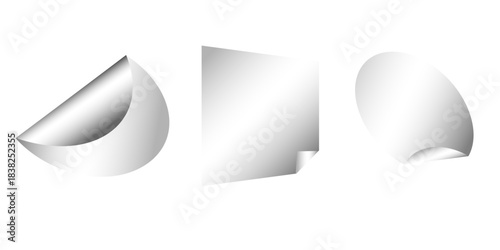 Curled page corner with shadow on transparent background collection. Blank transparent round and square adhesive stickers mock up with curved corner. Empty circle and quadratic sticky label mockup. 