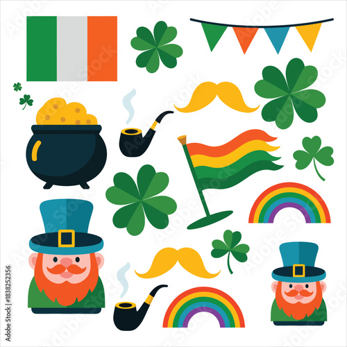 A vibrant collection of Saint Patricks Day icons featuring shamrocks leprechauns flags and pots of gold perfect for festive designs