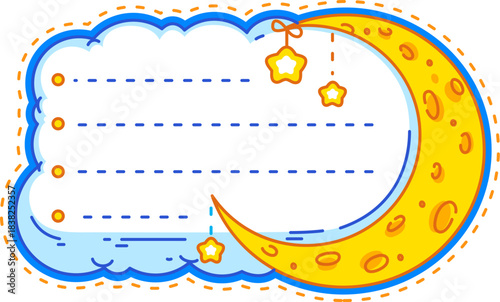 Kids memo note frame with moon and stars in galaxy space sky, vector paper sheet sticker. Kids memo note or message post label with crescent moon and space stars in sky cloud frame for notice pad