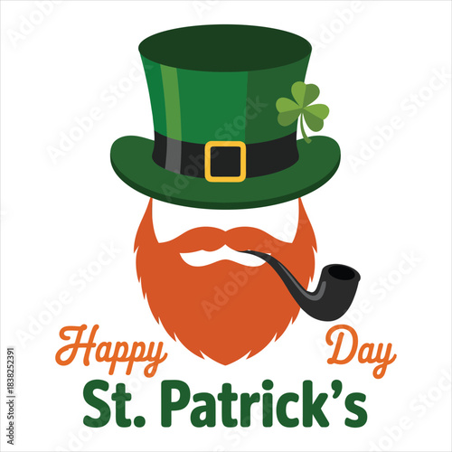 Festive leprechaun character with green top hat shamrock and ginger beard holding a pipe celebrating StPatricks Day