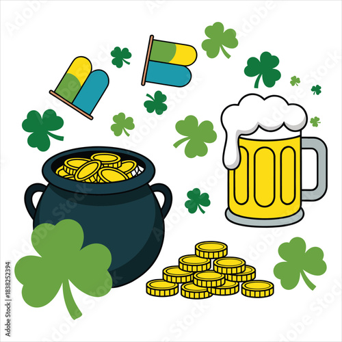 Festive StPatricksDay illustration featuring a pot of gold lucky shamrocks and a frothy mug of beer