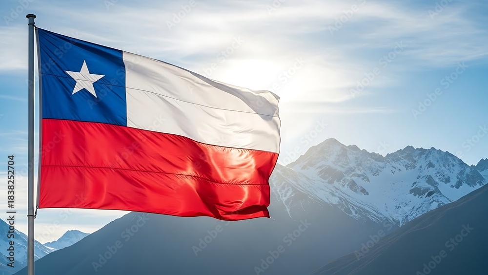 Naklejka premium Chilean Flag Waving Against Snowy Mountain Backdrop.