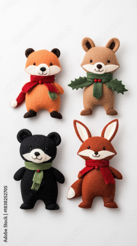 Obraz premium Christmas plush animal toys with scarf and holly create festive and joyful holiday atmosphere perfect for winter decoration