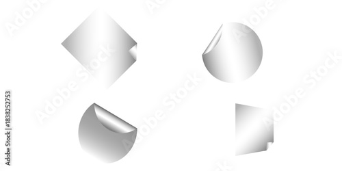 Curled page corner with shadow on transparent background collection. Blank transparent round and square adhesive stickers mock up with curved corner. Empty circle and quadratic sticky label mockup. 