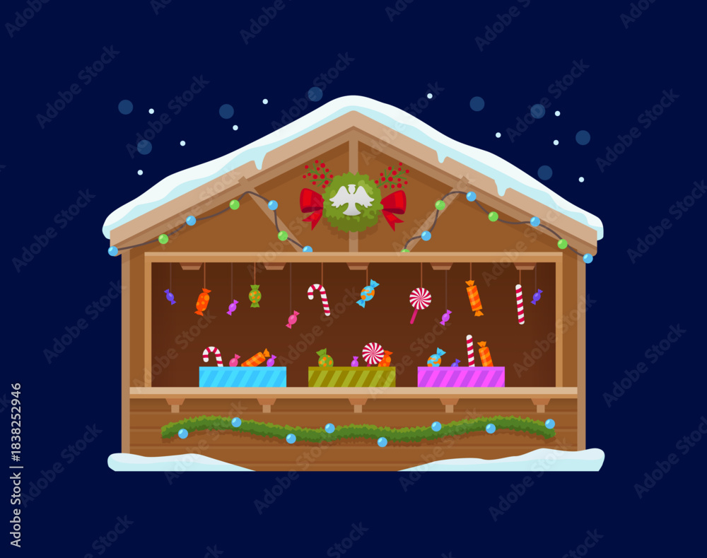 Obraz premium Christmas holiday market booth or winter street bazaar kiosk with candy canes, cartoon vector. Christmas market shop booth or store kiosk and wooden stall with sweet desserts, candies and confection