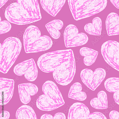Seamless pattern with soft chalk-style pink hearts on a magenta background. Ideal for Valentine designs, kids products, stationery, textiles, packaging and sweet decorative themes.