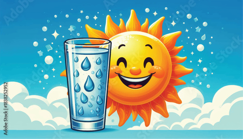 Happy Sun and Refreshing Glass of Water Illustration.