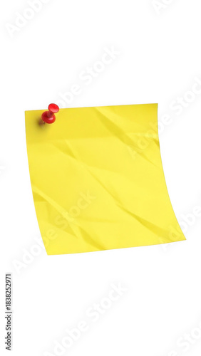 Realistic yellow sticky note pinned with a red thumbtack on transparent background