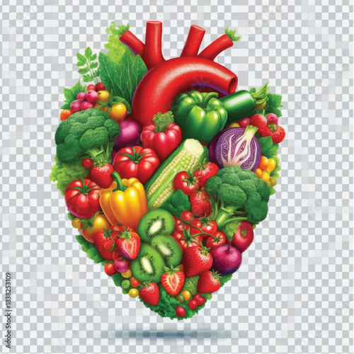 Heartshaped arrangement of fresh fruits and vegetables promoting healthy eating.