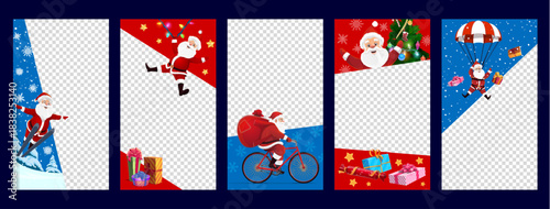 Christmas holiday social media vector templates with Santa characters, gifts and snow. Festive background, frame, winter border layouts with Noel personages skiing, cycling, parachuting or celebrating