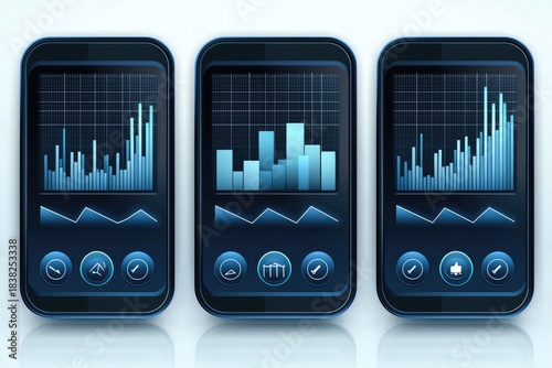 Three vector illustrations show stock market charts and curves on a mobile phone screen, using a dark blue theme, suitable for financial, trading, and digital analysis design scenarios