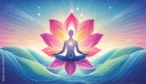 Meditating figure in lotus position with glowing aura and chakra points 1.