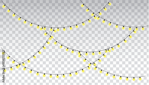 Yellow glowing string lights garland on transparent background, festive decoration for celebration and holiday events